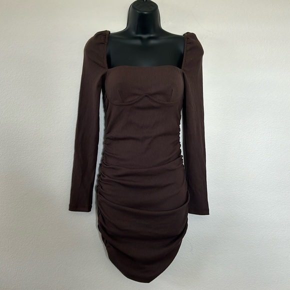 Princess Polly Portia Brown Long Sleeve Ribbed Ruched Mini Dress - Picture 3 of 12